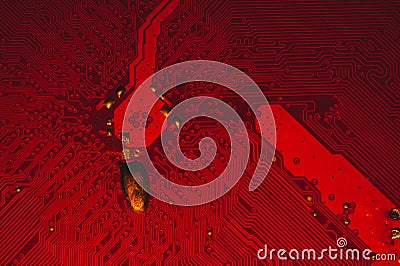 Spoiled motherboard close up. circuit board with dust and defects. micro elements of computer. Intelligent technology abstract Stock Photo