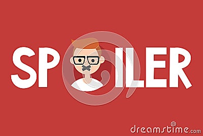 Spoiler alert illustrated sign. Young redhead nerd with taped mouth Stock Photo