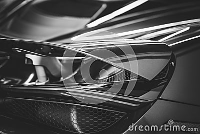 Spoiler and stop light of a sports car in black and white Stock Photo