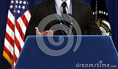 Spokesperson giving a speech announcement at press conference Stock Photo