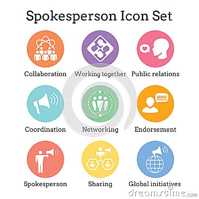 Spokesperson icon set - bullhorn, coordination, pr, and public r Vector Illustration