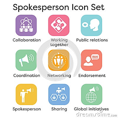 Spokesperson icon set - bullhorn, coordination, pr, and public r Vector Illustration