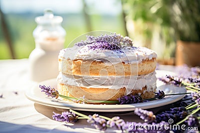 Sponge lavender cream cake with berry cream adorned with a fresh lavender branch on sunny light background. Generative Cartoon Illustration