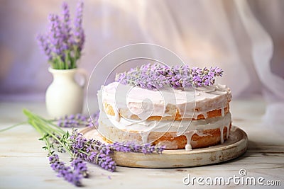 Sponge lavender cream cake with berry cream adorned with a fresh lavender branch on sunny light background. Generative Cartoon Illustration