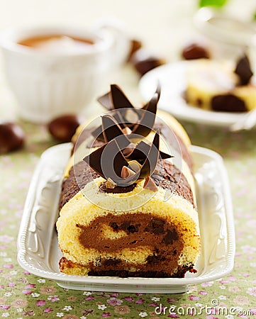 Sponge roll with chocolate Stock Photo