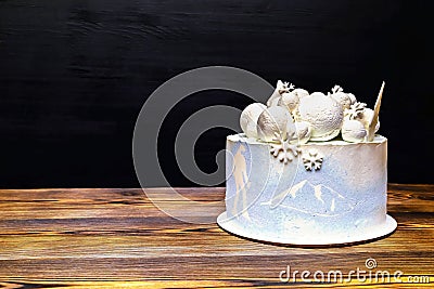 sponge vanilla creamy frosting cake with big round marshmallow, chocolate snowflakes,skier picture Stock Photo