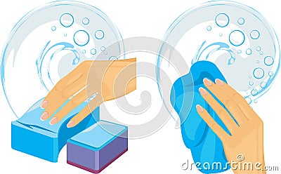 Sponges and cleaning rag in female hand Vector Illustration