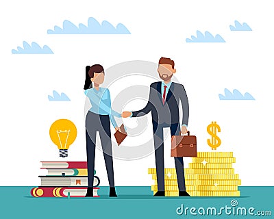 Sponsorship of innovations. Buying and selling ideas. Woman with light bulbs, businessman give money for information Vector Illustration