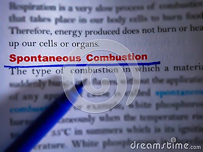 spontaneous combustion science related terminology displayed on paper page abstract background Stock Photo