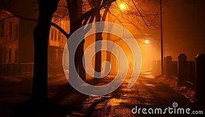 Spooky autumn night, foggy forest, mysterious silhouette, illuminated cityscape generated by AI Stock Photo