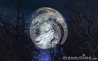 Spooky background with crows in trees against moonlit sky Stock Photo