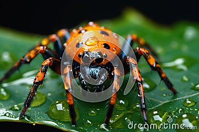 Spooky black orange spider sits on wet leaf on dark background, macro view. Close up portrait of scary wild small animal like Stock Photo