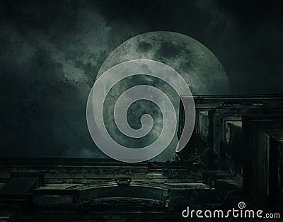 Spooky building with full moon, grunge texture, Halloween backgr Stock Photo