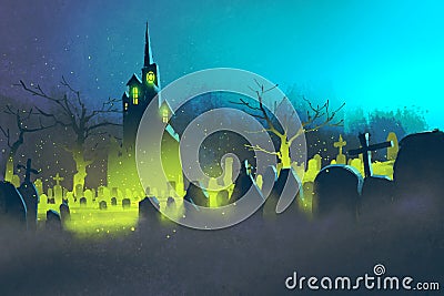 Spooky castle,Halloween concept,cemetery at night Cartoon Illustration