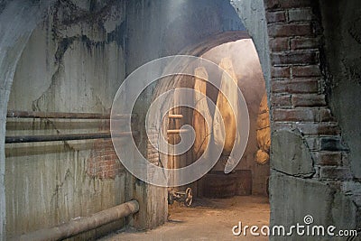 Spooky caverns with lighted hallways. Stock Photo