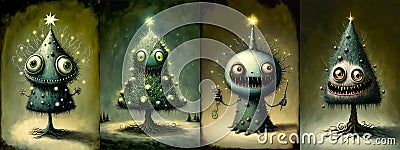 Spooky Christmas tree set, cute funny cartoon Christmas trees with eyes Stock Photo