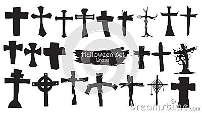 Spooky cross cemetery silhouette collection of Halloween vector Vector Illustration