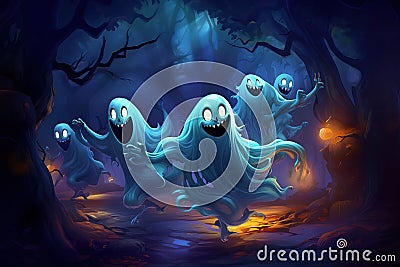 Spooky yet cute smiling ghrost haunting dark moonlit forest in Halloween night. Cartoon illustration, generative AI Cartoon Illustration