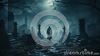 Haunting dark figure walking through the foggy night in a cemetery - Generative AI Stock Photo