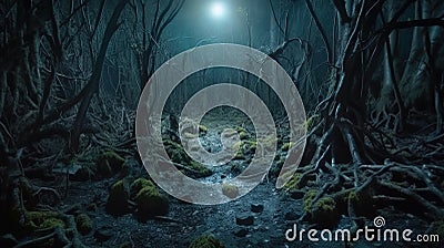 Spooky dark forest, scary dry crooked trees in dark fairy tale wood, generative AI Stock Photo