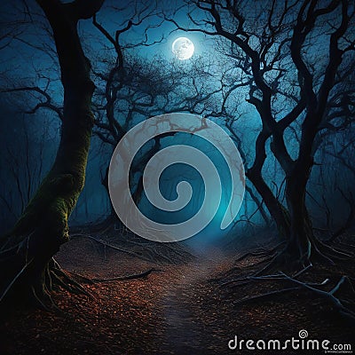 Spooky dark scary dry crooked trees in dark tale Cartoon Illustration