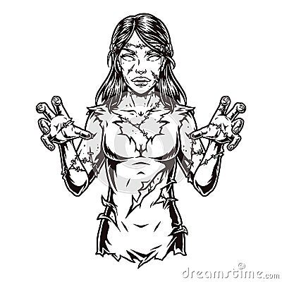 Spooky female zombie sewn from different parts Vector Illustration