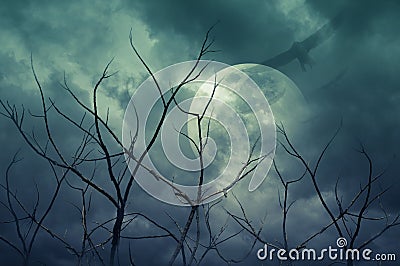 Spooky forest with full moon, dead trees, Halloween background Stock Photo