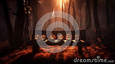 A spooky forest sunset with a haunted evil glowing eyes of a wooden bench on a scary halloween night Stock Photo