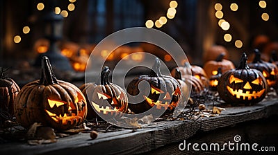 Spooky face Halloween carved pumpkins on as wooden surface for Hallows Eve - generative AI Stock Photo