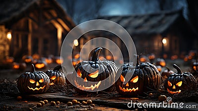 Halloween carved jack-o-lantern pumpkins outside on Hallows Eve - generative AI Stock Photo