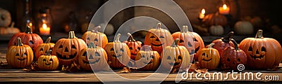Halloween carved pumpkins and candles on Hallows Eve - generative AI Stock Photo