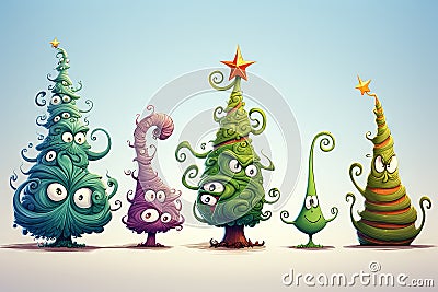 Spooky funny monster Christmas trees, cute cartoon characters Stock Photo