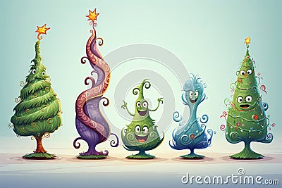 Spooky funny monster Christmas trees, cute cartoon characters Stock Photo