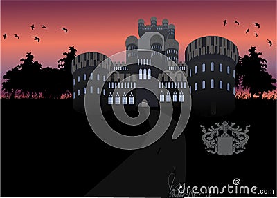 Spooky Graveyard Halloween Scary Old Castle Night Vector Illustration