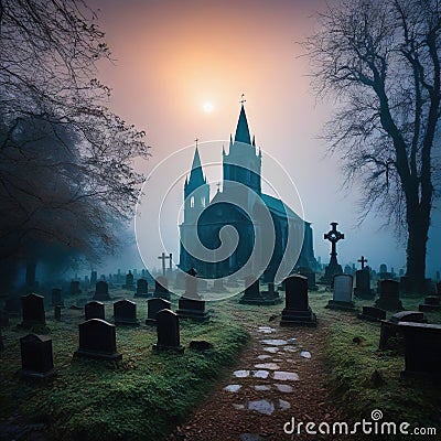 Spooky graveyard with misty atmosphere Cartoon Illustration