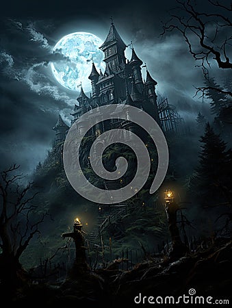 Spooky Halloween background with castle on a hill against a moonlit sky Stock Photo