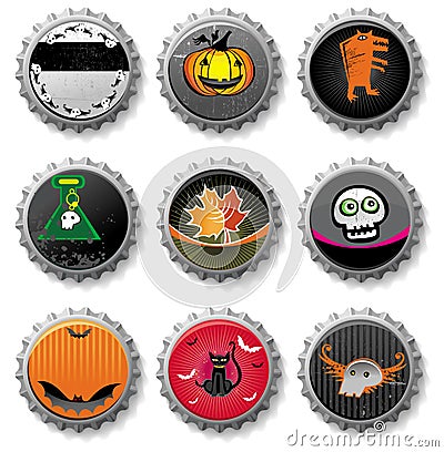 Spooky Halloween bottle caps. Vector Illustration