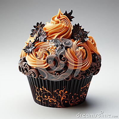Spooky Halloween Cupcake with Intricate Decoration AI Generated Cartoon Illustration