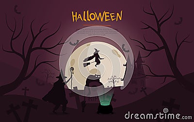 Spooky Halloween design with flying witch Vector Illustration