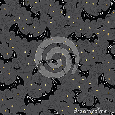 Spooky Halloween Flying Black Bats, Spider web, and Gold Stars on Dark Night Background Vector Seamless Pattern Vector Illustration