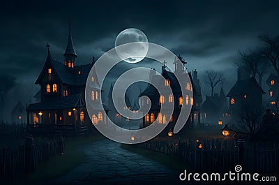 Spooky Halloween ghost village with a full moon, bats, and pumpkins Stock Photo