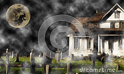 Spooky Halloween house with gravestones and silhouette of witch Stock Photo