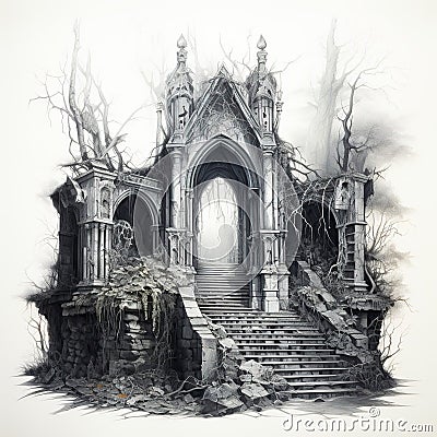Spooky Halloween illustration with tombs in monochrome. Generative AI Cartoon Illustration
