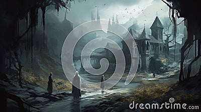 spooky halloween landscape with castle, a woman and ghosts, illustration, Generative AI Cartoon Illustration