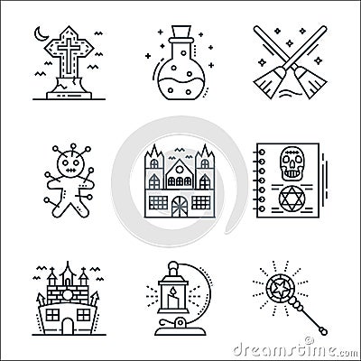 spooky halloween line icons. linear set. quality vector line set such as wizard, lantern, haunted house, magic book, haunted house Vector Illustration