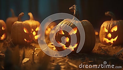 Spooky Halloween night, glowing lanterns, pumpkin decoration, evil ghost generated by AI Stock Photo