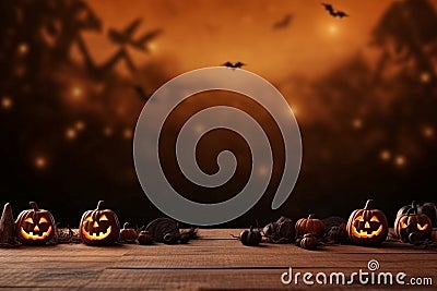 Spooky Halloween pumpkin and flying bats background Generative AI Stock Photo