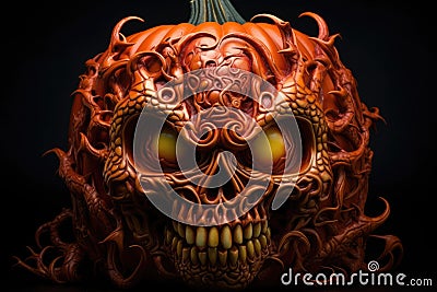 A spooky Halloween pumpkin with a skull perched on top, creating an eerie and macabre display, Halloween spooky pumpkin decoration Stock Photo