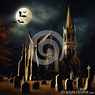 Spooky Halloween scene with abandoned old church, bats and cemetery Stock Photo