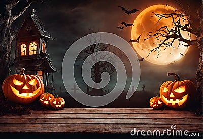 Spooky Halloween Scene with Moonlit Forest Spooky House Haunted house Halloween pumpkin head jack lantern with burning candles, Stock Photo